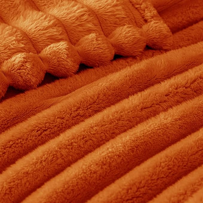 Exclusivo Mezcla Queen Size Flannel Fleece Blanket, Super Soft Striped Jacquard Bed Blanket, Lightweight Fuzzy Cozy for All Seasons, 90x90 Inches, Burnt Orange