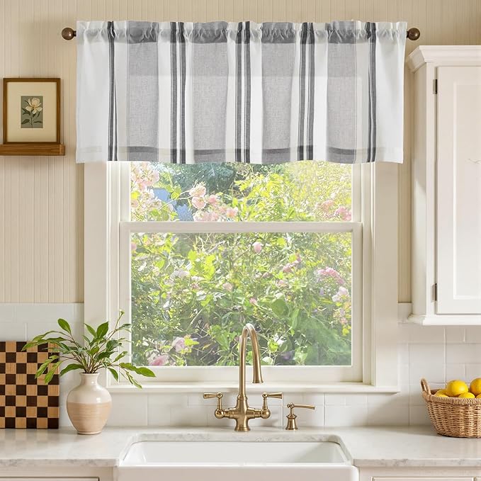 jinchan Striped Valance Farmhouse Window Treatment Linen Textured Drapes for Small Windows Kitchen Living Room RV Vintage Valance 16 Inch Rod Pocket 1 Panel Black and Grey