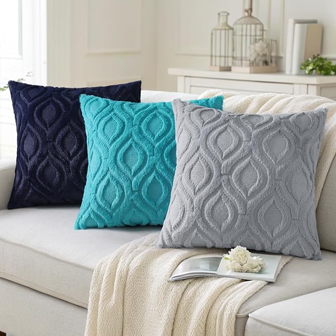 decorUhome Throw Pillow Covers 12x20 Inch Set of 2, Soft Plush Faux Wool Blue Grey Solid Couch Pillow Covers, Accent Farmhouse Neutral Rectangle Pillow Cases for Sofa Bed Living Room