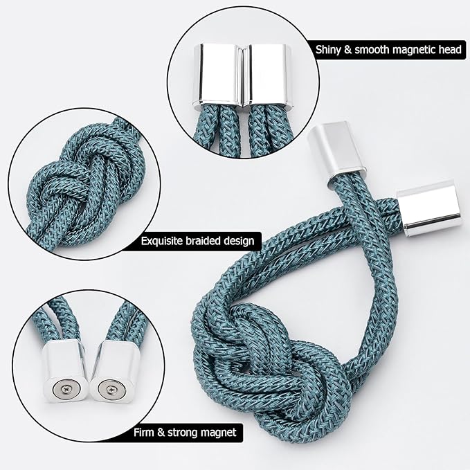 NICEEC 4 Pack Mini Magnetic Curtain Tiebacks Nordic Simple Style Drape Tie Backs Elegant Hand Weave Rope Knot Decorative Curtain Holdbacks for Home & Office Thin Window Drapery (Teal)