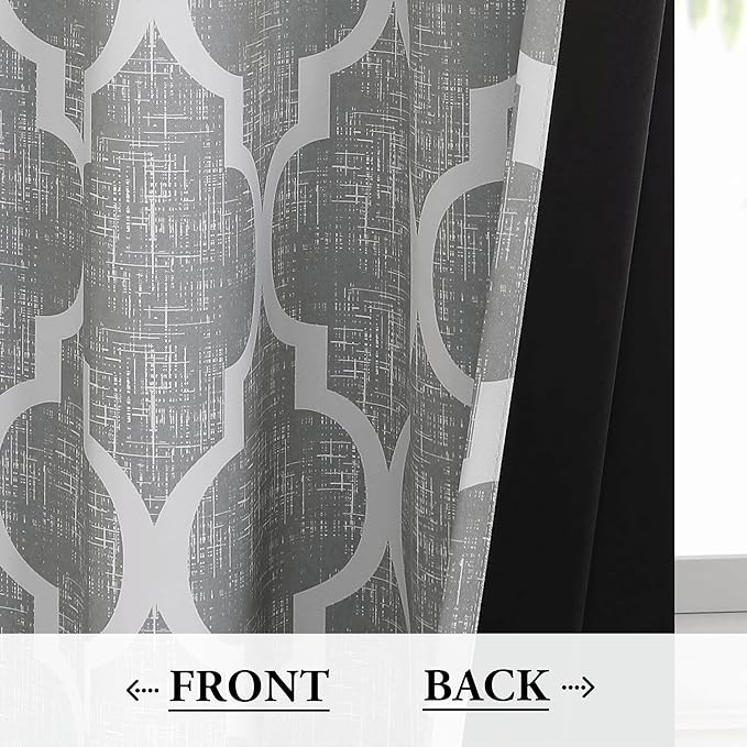 Beauoop 100% Blackout Curtains 96 Inches Long 2 Panels for Bedroom Living Room Grey Moroccan Geo Room Darkening Thermal Insulated Soundproof Rod Pocket Back Tab Window Treatments Drapes, 50x96