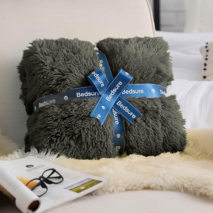 Bedsure GentleSoft Fuzzy Sherpa Faux Fur Twin Blanket Olive Green Cozy Gifts for Women Men, Soft Fleece Plush Warm Minky Thick Blanket Twin Size for Bed, Room Dorm Essentials Olive Decor Gifts, 60x80