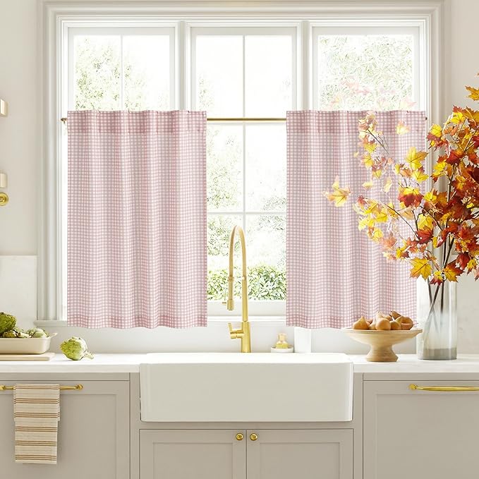 RYB HOME Kithen Curtains Rustic Plaid Cafe Valance, Classic Short Checkered Drapes 36 inch Length Small Window Treatment for Living Room Bathroom Bistro Farmhouse, Pink, W26 x L36, 2 Panels