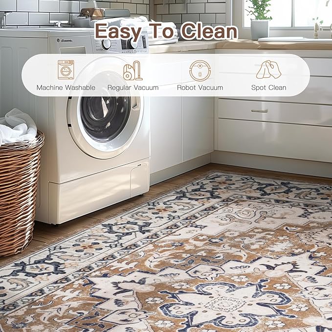 Lofus 2x6 Runner Rug for Hallways, Washable Kitchen Rugs, Non-Slip Rugs for Entryway and Bedroom, Vintage Boho Carpet, Soft Low Pile Long Runner Area Rug, Floral Brown