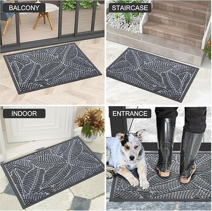 Colorxy Waterproof Doormat, Sturdy Natural Rubber Front Indoor Mat, Non Slip Low Profile Indoor Outdoor Door Mats, Stain and Fade Resistant Floor Mat, Easy Clean Patio Entrance Mat, 59''x23'', Grey