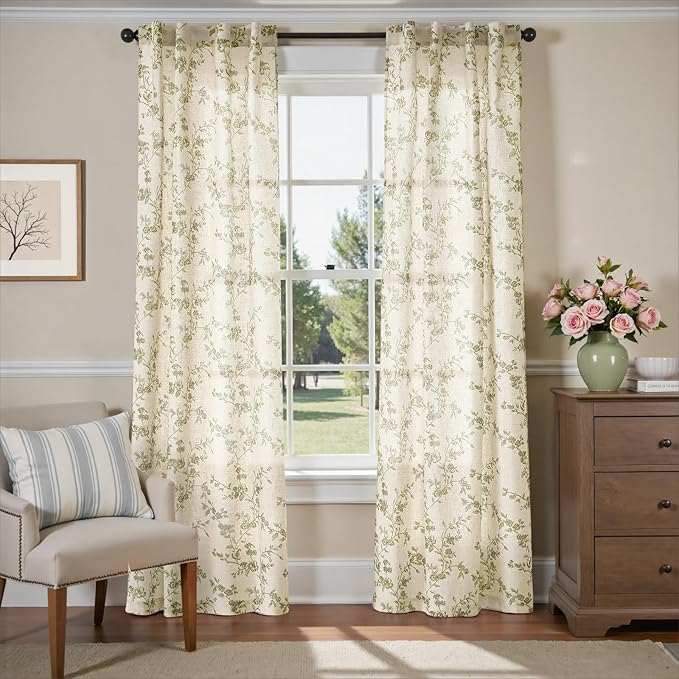 Lazzzy Green Floral Linen Curtains 96 Inch Farmhouse Back Tab Drapes for Living Room Bedroom Light Filtering Vintage Grandmillennial Rod Pocket Curtains, 2 Panels, W38 x L96, Green on Beige