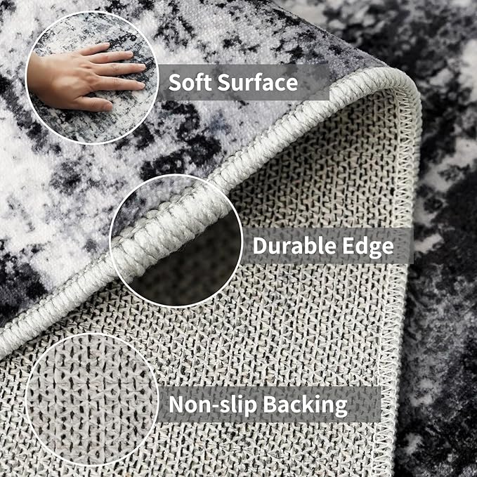 5x12 Runner Rug for Wide Hallway: Long Washable Runners for Entryway Living Room Dining Room - Stain and Water Resistant Rugs with Non-Slip Backing - Soft Low-Pile Carpet Black Grey