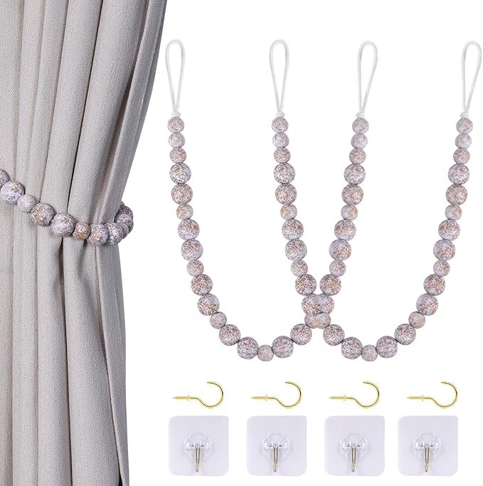 Wood Bead Curtain Tiebacks, KLOGTSIND Set of 2 Curtain Holdbacks for Thin or Thick Window Draperies, Boho Farmhouse Curtain Tiebacks with Hooks, Curtain Tie Backs for Home Office Room Decor