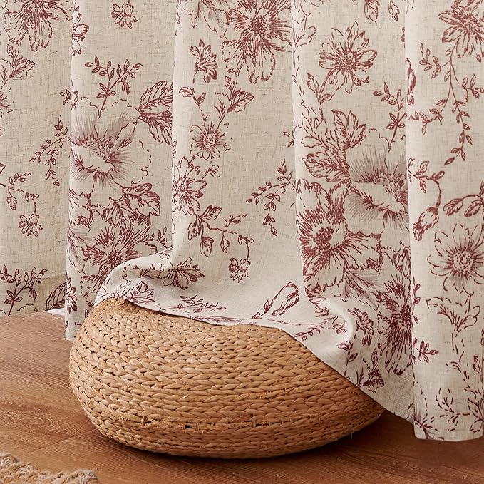 jinchan Lined Linen Blend Curtain Floral Curtains for Living Room 84 Inches Long Farmhouse Red Flower Printed Curtain Rod Pocket Back Tab Peony Patterned Drapes Curtains Set 2 Panels