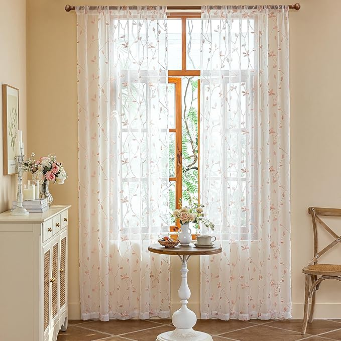 AmHoo 2 Panels Embroidered Leaf Pattern Semi Sheer Curtains Foliage Floral Voile Window Draperies Treatment for Bedroom Living Room Rod Pocket White Pink 53 x 63 Inch