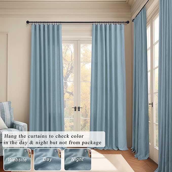 Blue Curtains 108 Inches Long For Living Room Dining 2 Panels Set Back Tab Pocket Farmhouse Linen Semi Sheer Blue Light Filtering Curtains for Bedroom Patio High Ceiling Balcony 9 FT Tall Stone Blue