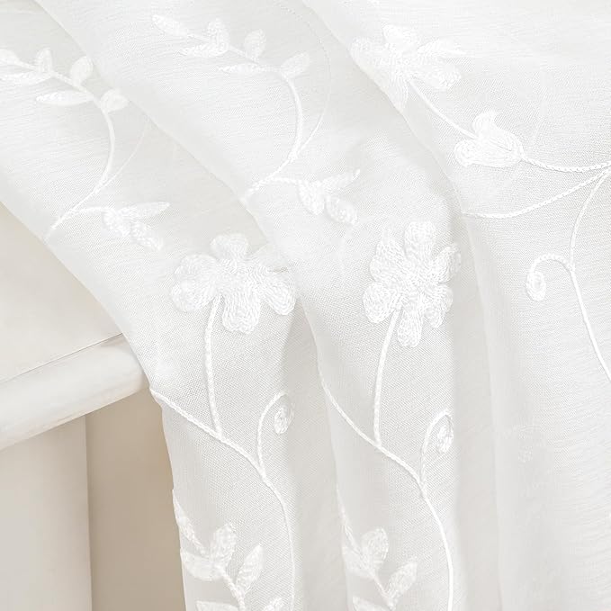 HOMEIDEAS White Sheer Curtains 84 Inches Long 2 Panels White Embroidered Floral Pattern Semi Sheer Window Curtains for Bedroom Living Room