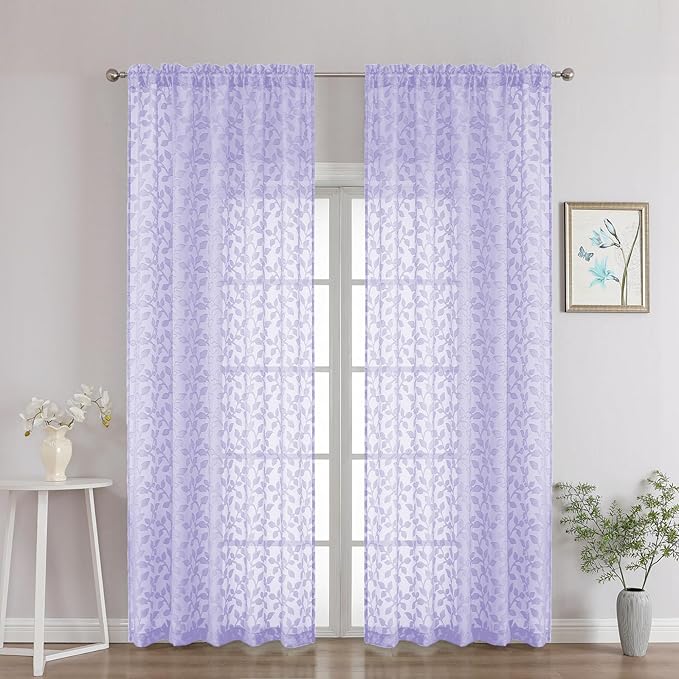 Chyhomenyc Light Purple Sheer Curtains 90 Inch Length 2 Panels Set, Light Filtering Tufted Textured Soft Airy Rod Pocket Gentle Leaf Window Treatment Drapes for Bedroom Living Room, 52" Wx90 L, 2PCS