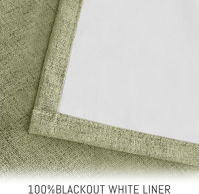Yakamok Sage Green Linen Curtains 100% Blackout 96 Inches Long,Room Darkening Textured Curtains for Living Room Thermal Grommet Bedroom Curtain 2 Panels with Greyish White Liner