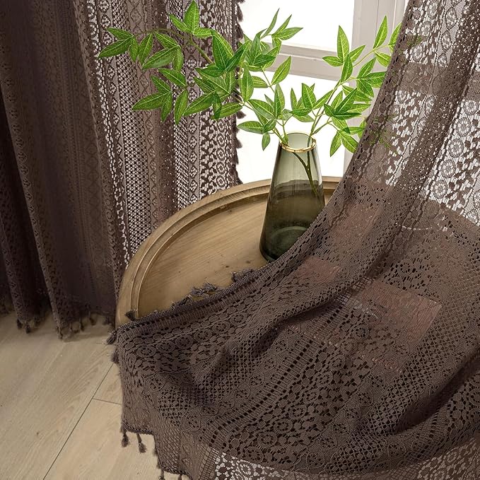 WAZZIO Boho Lace Curtains 63 Inches 2 Panel,Light Filtering Privacy Tassel & Geometry Crochet Semi Sheer Curtain Drapes for Bedroom Living Dining Room,Rod Pocket & Tassel,Chocolate Brown