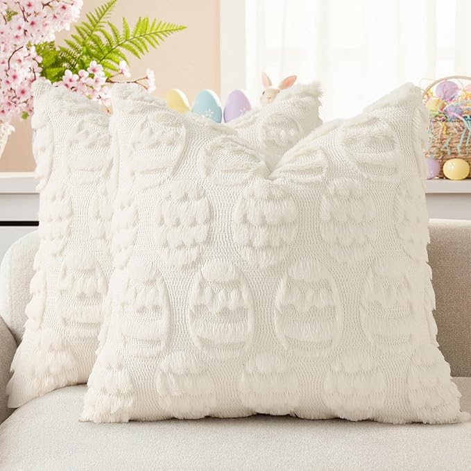 decorUhome Easter Cream White Egg Pillow Covers 20x20 Inch Set of 2, Soft Plush Faux Wool Jacquard Cushion Covers, Farmhouse Neutral Fuzzy Spring Easter Holiday Decor for Couch Sofa Bed