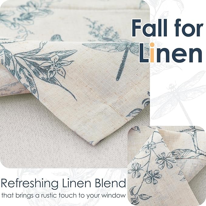 jinchan Floral Curtain Valance for Windows 16 Inch Linen Valance for Kitchen Living Room Rustic Cottage Farmhouse Flower Butterfly Curtain Rod Pocket 1 Panel Double Layer Blackout Blue on Beige