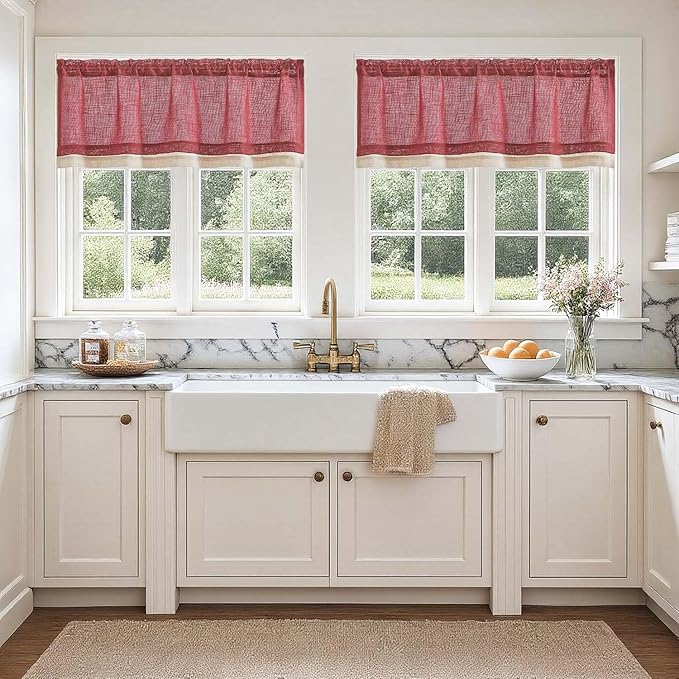 jinchan Linen Farmhouse Valances for Living Room Windows 16 Inch Slubbed Crossed Double Layer Window Valances Light Filtering Rustic Country Overlay Rod Pocket 2 Panels Burgundy