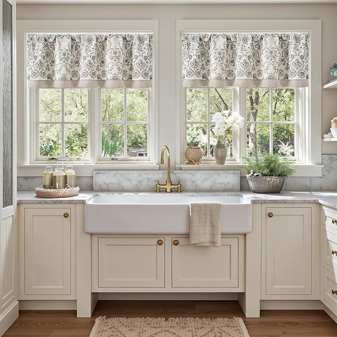 jinchan Linen Valance Kitchen Curtain Pack of 2 Double Layer 18 Inch for Living Room Bedroom Window Treatment Light Filtering Vintage Farmhouse Cottagecore Rod Pocket 2 Panels Grey on Beige