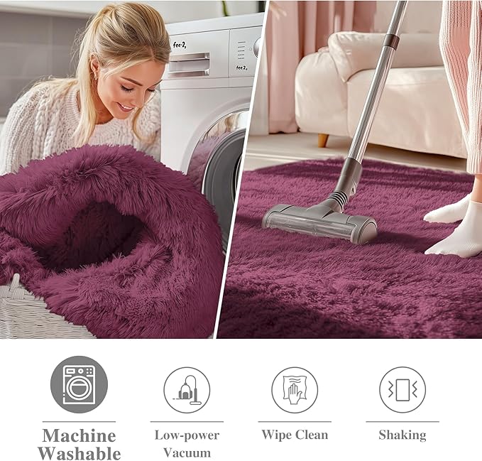 OLANLY Burgundy Round Rugs for Bedroom - Machine Washable, 4 ft Circle Area Rugs for Living Room, Soft and Fluffy Shaggy Carpet for Teen Girls and Boys, Nursery Rooms, Dorms, Home Decor Aesthetic