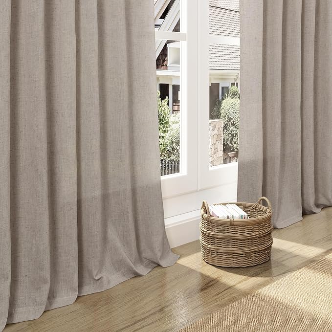 Nanspring Ecru Linen Curtains 96 Inches Long for Living Room Rustic Luxury Light Filtering Semi Sheer Curtain Back Tab Burlap Flax Natural Farmhouse Decor Drapes for Bedroom 52x96, 2 Panels