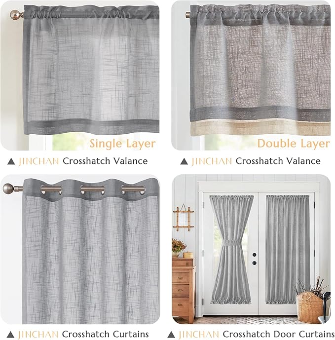 jinchan Linen Valance for Farmhouse Living Room Windows 16 Inch Gray Slubbed Crossed Double Layer Window Valance Light Filtering Rustic Country Overlay Rod Pocket 1 Panel Grey