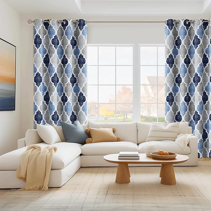 Beauoop 100% Blackout Curtains 45 Inches Long 2 Panels for Bedroom Living Room Blue Grey Moroccan Geo Room Darkening Thermal Insulated Soundproof Grommet Top Window Treatments Drapes, 50x45 Set of 2