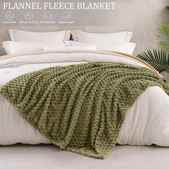 Exclusivo Mezcla Fleece Queen Blanket for Bed, Extra Large Fuzzy Olive Green Bed Blankets, Soft Cozy Plush Sofa Throws for All Seasons, 90x90 Inches