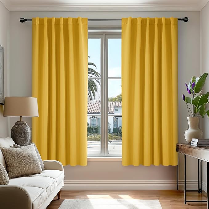 Deconovo Blackout Curtains, Thermal Insulated, W52 x L45 2 Panels, Back Tab, Machine Washable, Room-Darkening Drapes for Bedroom/Living Room Mellow Yellow