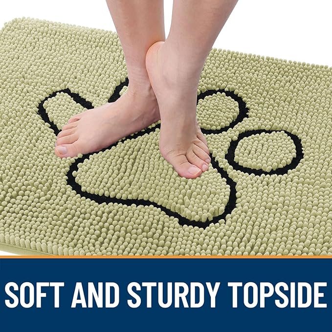 OLANLY Dog Door Mat for Muddy Paws 48x30, Paw Print Design, Absorbs Moisture and Dirt, Absorbent Non-Slip Washable Doormat, Quick Dry Chenille Mud Mat for Dogs, Entry Indoor Entryway Carpet, Vanilla