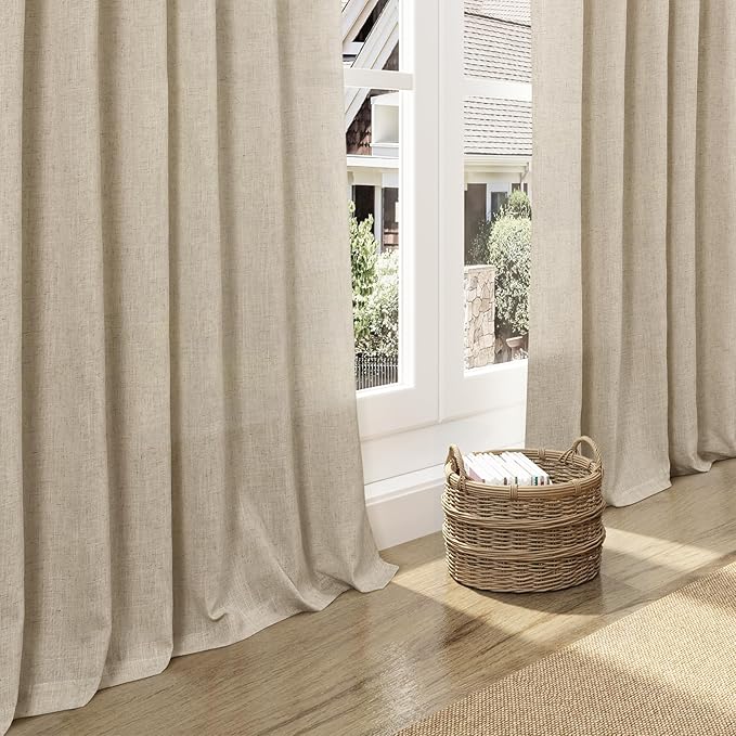 Eggshell Beige Linen Curtains 132 Inch Length for Living Room Light Filtering Semi Sheer Curtain Back Tab Rustic Farmhouse Decor Drapes Floor to Ceiling High Window for Bedroom 52x132, 2 Panels