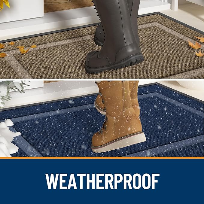 OLANLY Front Door Mat Indoor Outdoor Entrance, Waterproof All-Season, All-Weather Doormat, Sturdy Natural Rubber, Low Profile, Easy Clean Patio Porch Entryway Mat, 33x21, Khaki and White