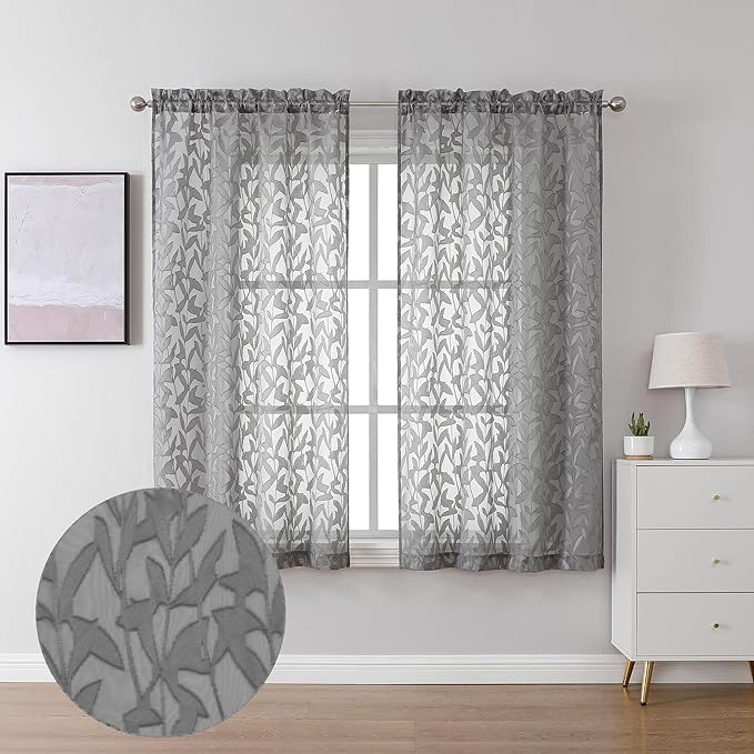 Lecloud Leia Jacquard Leaf Charcoal Grey Sheer Curtains for Living Room 54 Inch Length 2 Panels, Lightweight Clip Textured Voile Gray Bedroom Curtain & Drapes with Dual Rod Pockets, 38x54 Inches