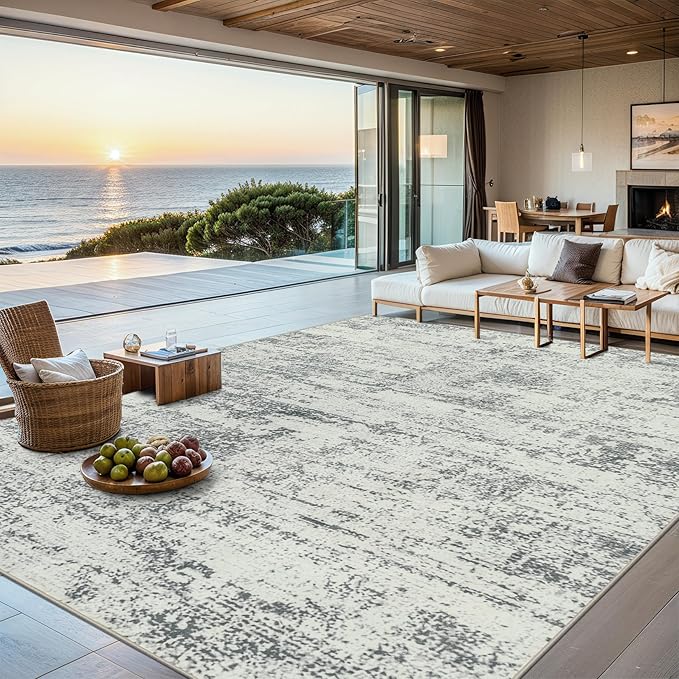 8x10 Area Rugs for Living Room - Washable Rug Modern Abstract Soft Large Neutral Non-Slip Carpet Indoor Floor Stain Resistant Thin Carpets for Bedroom Dining Room Farmhouse Nursery Home Office Grey