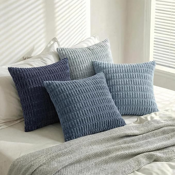 Fancy Homi Set of 4 Blue Decorative Throw Pillow Covers 18x18 Inch for Couch Bed Chair, Modern Farmhouse Boho Room Decor, Soft Fuzzy Corduroy Textured Striped Coastal Blue Cushion Case 45cm