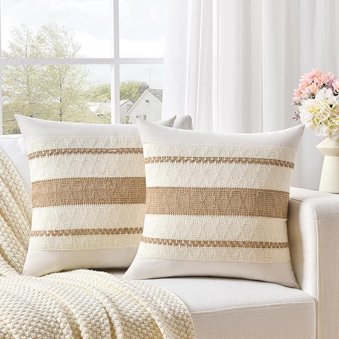 Fancy Homi Set of 1 Boho Neutral Decorative Throw Pillow Cover 16x16 Inch for Couch Bed Sofa, Aesthetic Modern Organic Farmhouse Home Decor, Soft Cotton Cute Accent Macrame Woven Tan Cushion Case