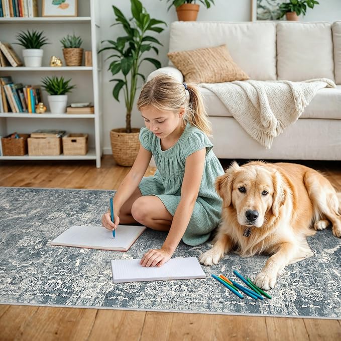 2x5 Washable Hallway Runner Rug - Non Slip Kitchen Runner Rugs with Rubber Backing Vintage Low-Pile Carpet Runners for Entryway Dining Room Laundry Room Home Decor (Blue)