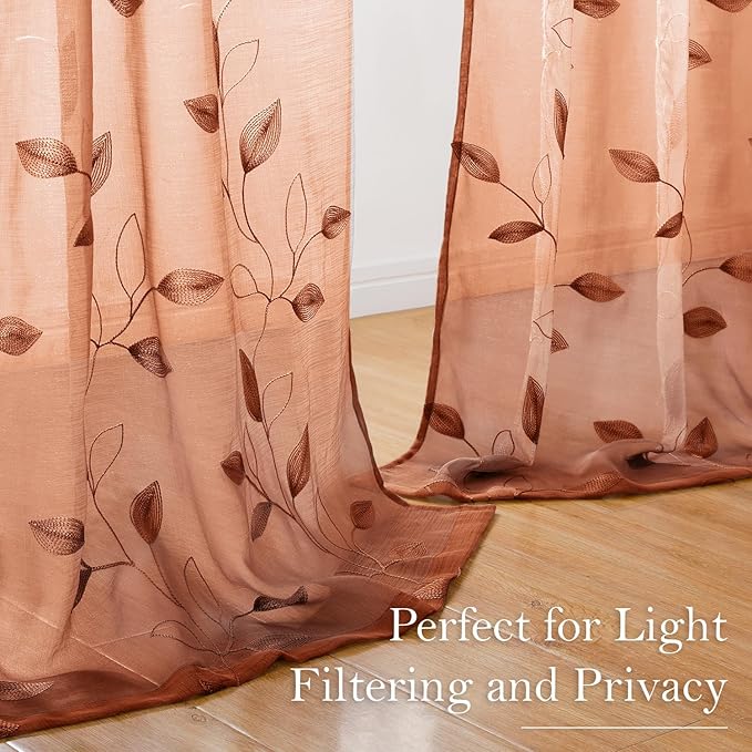 HOMEIDEAS Fall Burnt Orange Sheer Curtains 84 Inches Long 2 Panels Embroidered Floral Pattern Semi Sheer Window Curtains for Bedroom Living Room