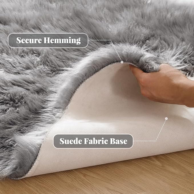 ORINOVA Silver Grey Furry Washable Faux Shaggy Fur Rugs for Living Room Small Circle Fluffy Sheepskin Fur Rug for Nursery Round Rug 5ft