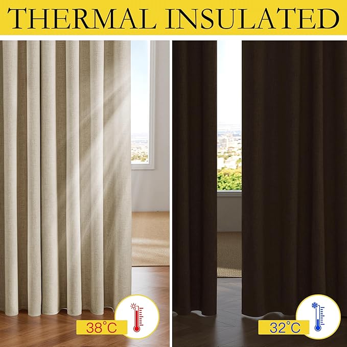 NICETOWN Cream Full Blackout Boho-Chic Linen Curtains 84 inch Long 2 Panels Set for Cafe Window, 42 inch Wide, Thick Linen Blend Drapes, Insulated Window Covers Draperies with White Backing