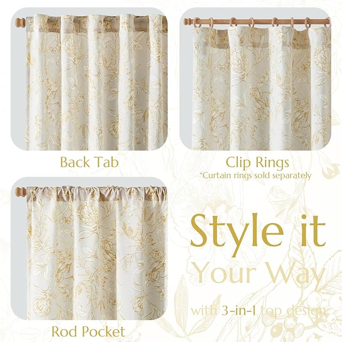 jinchan Floral Curtains 108 Inch Length Mustard Yellow Flower Linen Farmhouse Curtain for Living Room French Country Vintage Curtain Rod Pocket Curtains Set 2 Panels Floral Printed