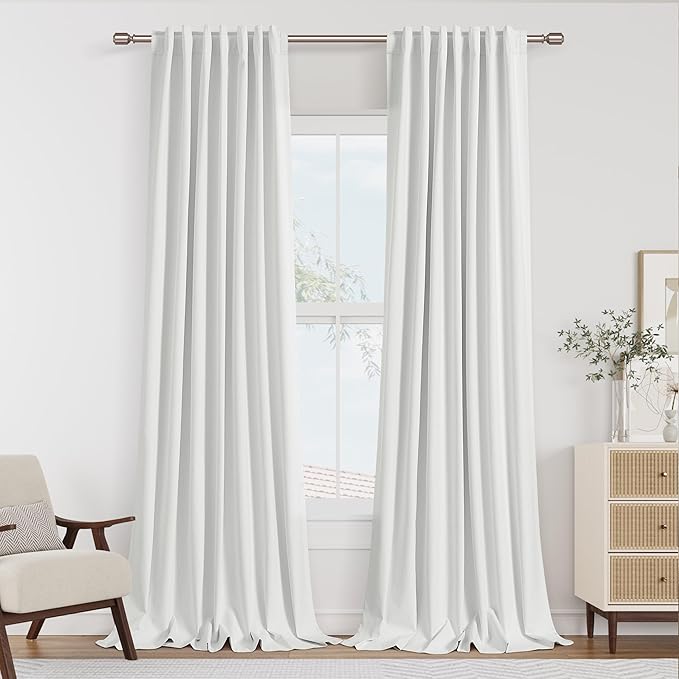 Guken White 100% Blackout Linen Curtains 52 Inch Wide by 118 Inch for Living Room Bedroom Back TabRod Pocket Thermal Insulated Black Out Linen 2 Drapes Room Darkening Window Curtains