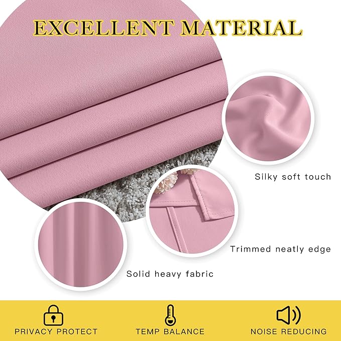 NICETOWN Room Darkening Bedroom Curtains 63 inches Long, Window Treatment Thermal Insulated Solid Grommet Voice Reducing Drapes for Kids Room, Crystal Pink, Set of 2, W46 x L63