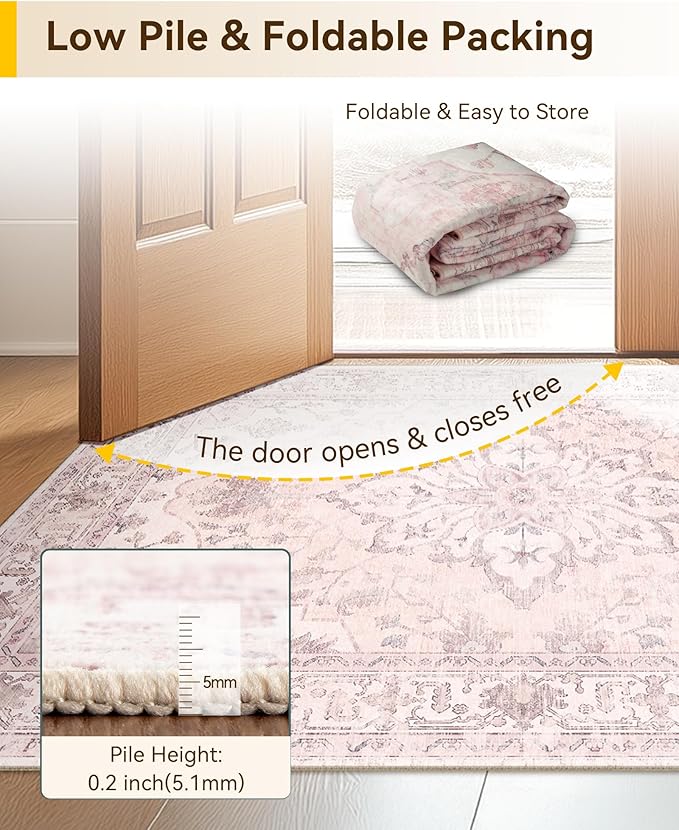 RELEANY Area Rugs 2'x10' Runner Rug Non Slip Washable for Kitchen Hallway Bedroom Beside Laundry Room Bathroom Rug, Floor Carpet, Pink Greypink Cute