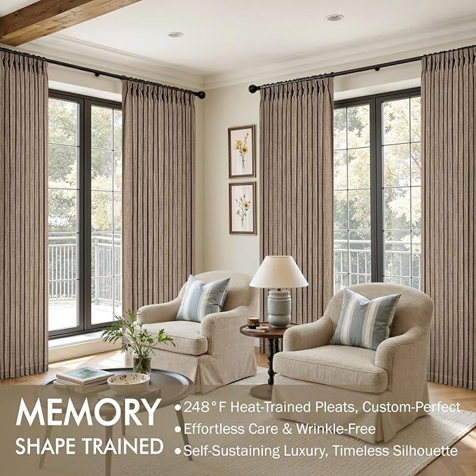 MIULEE Pinch Pleated Thick Linen Curtains 90 Inches Long 2 Panels for Living Room Bedroom, Linen Texture Memory Trained Brown Drapes Pleat Back Tab Light Filtering Country Farmhouse Burlap Curtains