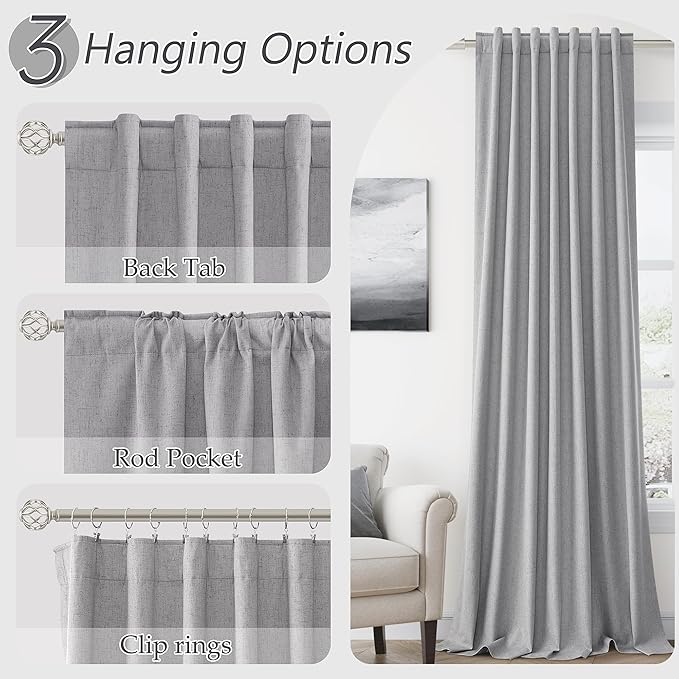 Guken Grey 100% Blackout Curtains 108 Inch Length 2 Panels Set for Living Room Bedroom Back Tab Thermal Insulated Black Out Linen Drapes Room Darkening Window Curtains 52x108