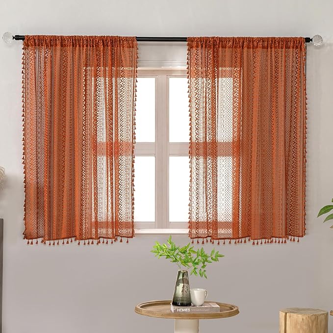WAZZIO Burnt Orange Curtains Sheer 45 Inch Length Bedroom Short Small Cafe Rod Pocket Vintage Fall Privacy Let Light in Cotton Lace Boho 2 Panel, Terracotta