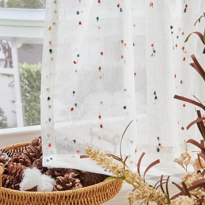 jinchan Valance Curtains for Windows 16 Inch Colorful Mini Pom-Pom Country Farmhouse Kitchen Valance Semi Sheer Voile Samll Window Treatment for Bedroom Living Room Rod Pocket 1 Panel Blush Meadow