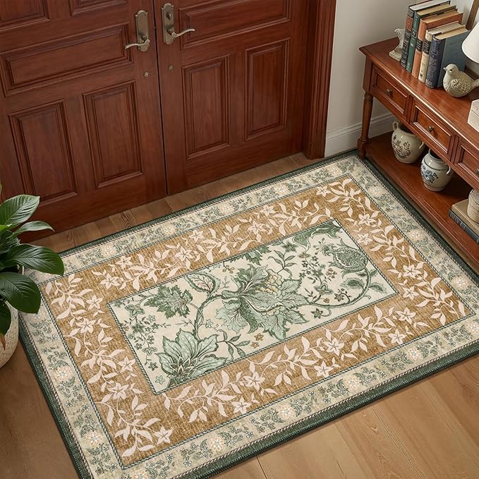 GarveeHome Terracotta Olive Sage Green Washable 6x9 Area Rugs, Botanical Grove Vintage Cottagecore Non-Slip Rug for Living Room Bedroom Nursery Kitchen Low-Pile Retro Large Carpet