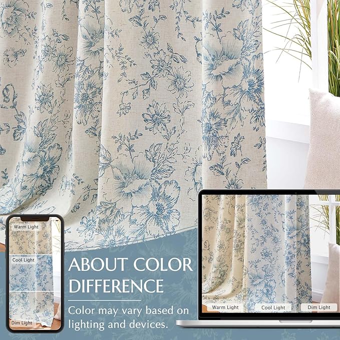 jinchan Blackout Floral Curtains for Living Room Bedroom Linen Blend Curtain Farmhouse Blue Printed with Lined Back Tab Rod Pocket Drapes Window Treatments 2 Panels 90 Inch